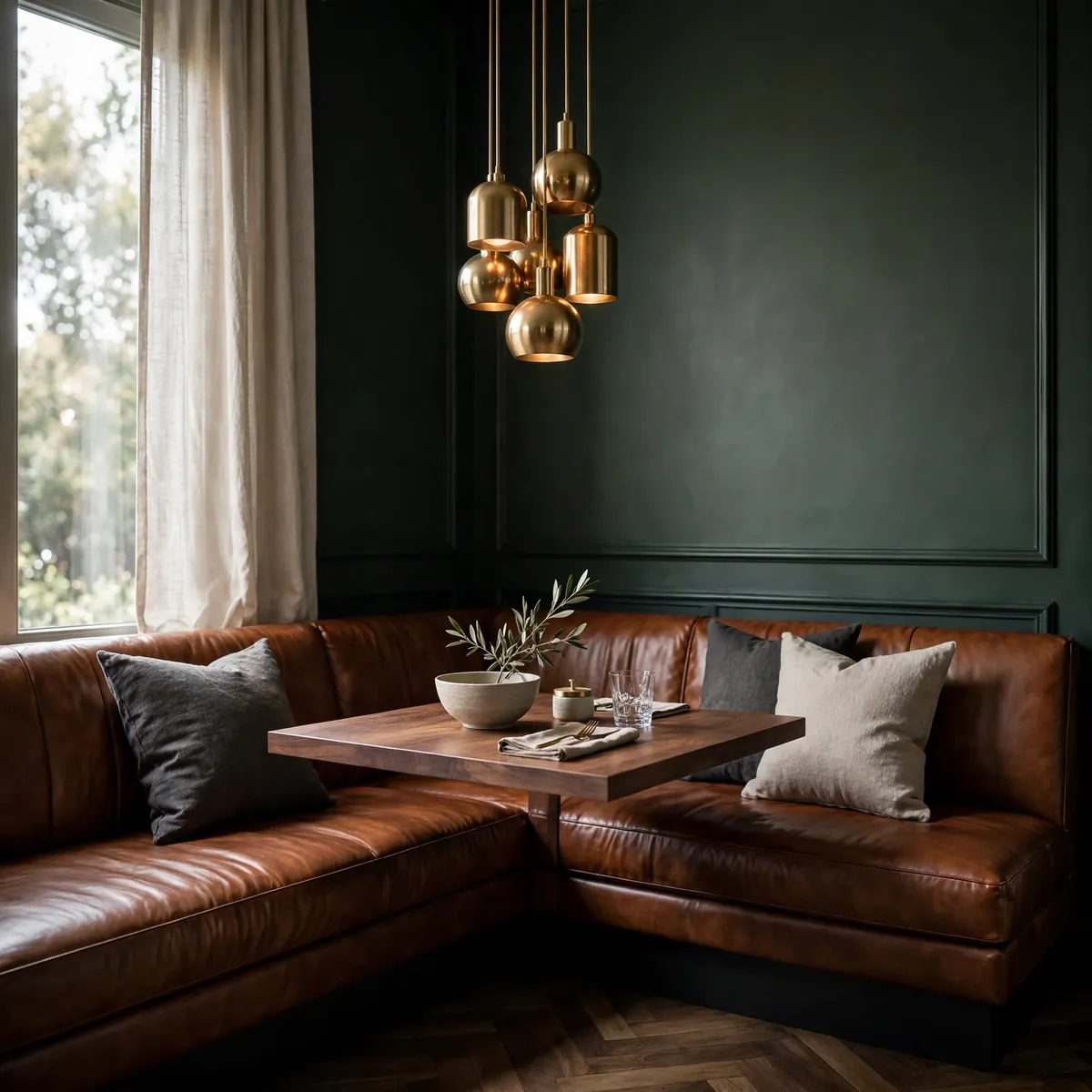 L-shaped cognac leather banquette in a corner with walnut table