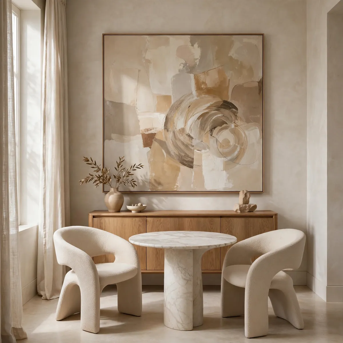 Oversized abstract painting above an oak sideboard