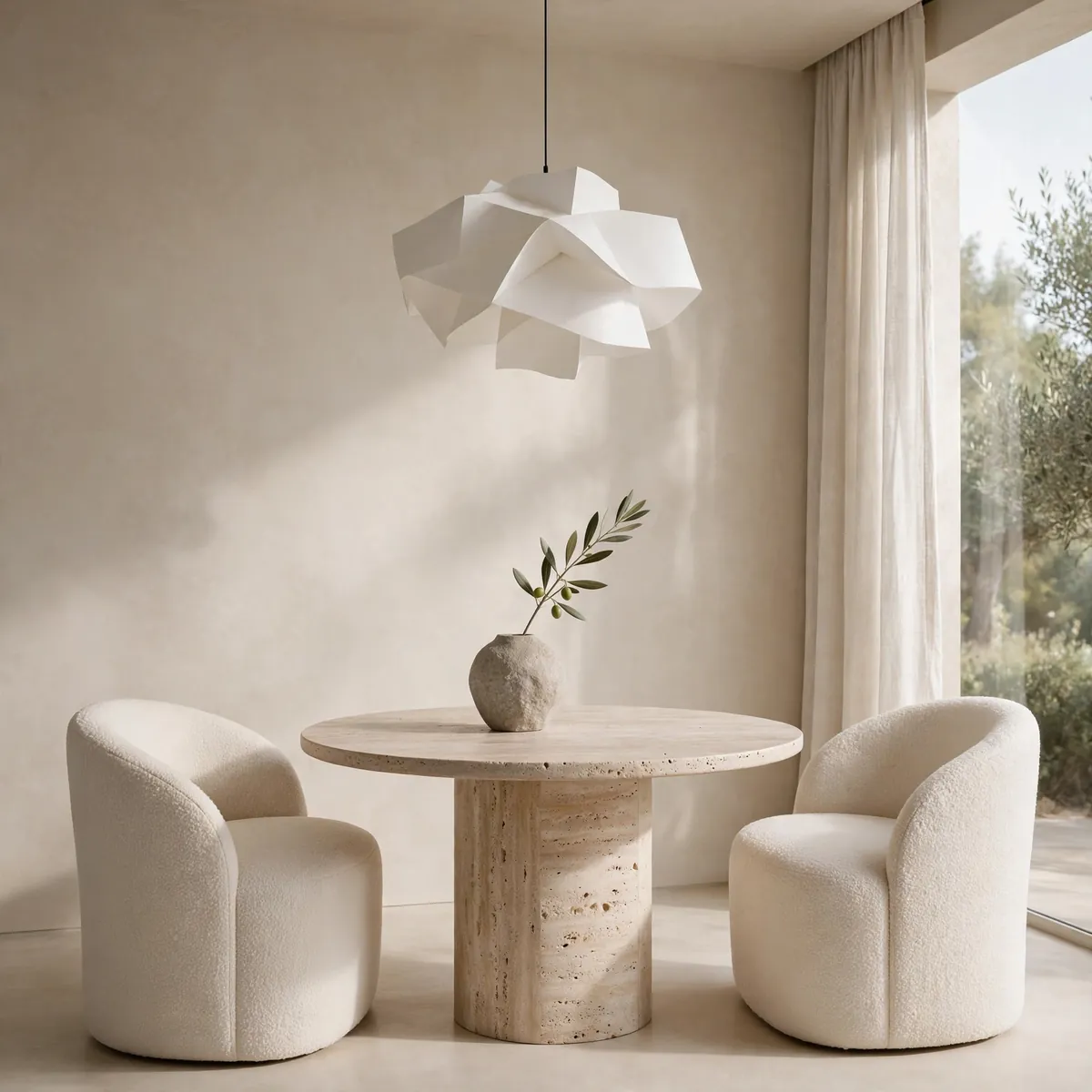 Minimal with sculptural pendant and travertine table