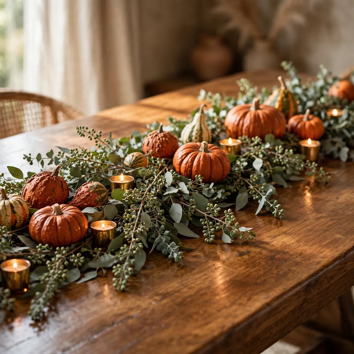 thanksgiving centerpiece ideas: amber pumpkin and eucalyptus runner on a rustic oak dining table