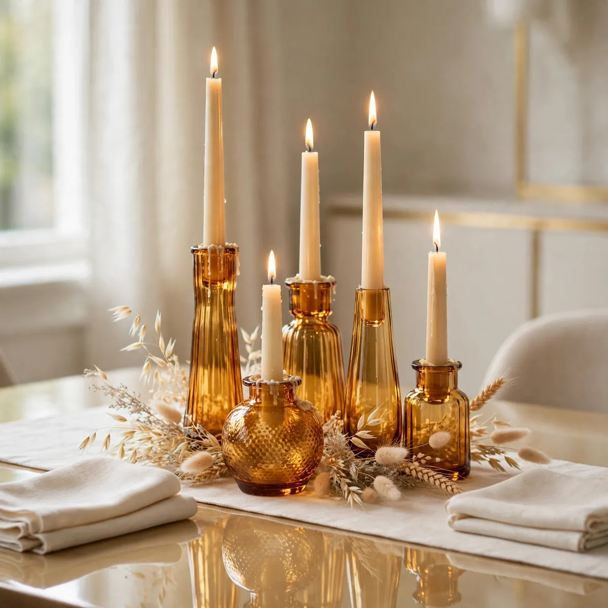 thanksgiving centerpiece ideas: amber glass candle holders with cream and gold tapers on a table