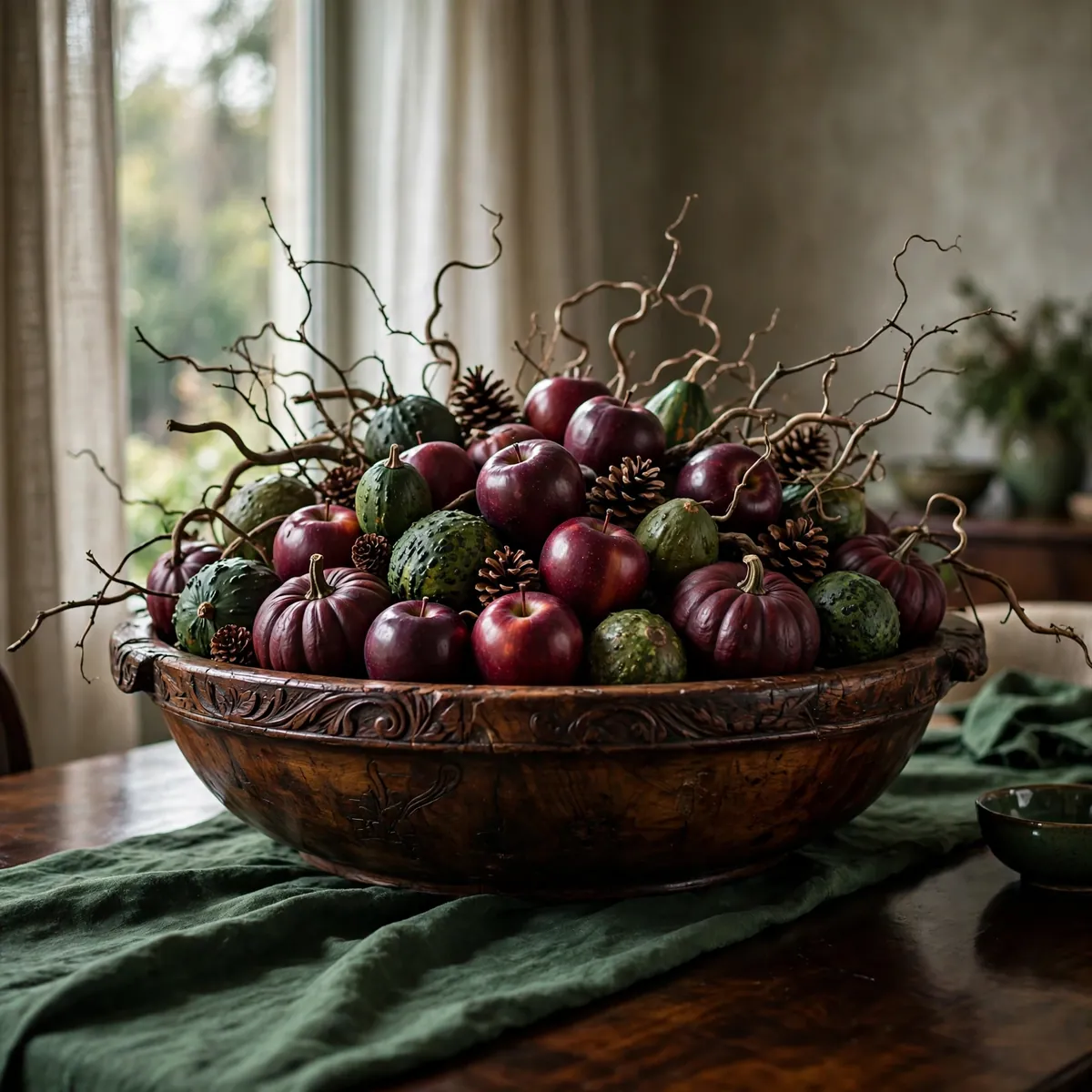 thanksgiving centerpiece ideas: vintage dough bowl filled with burgundy apples, pumpkins and pinecones