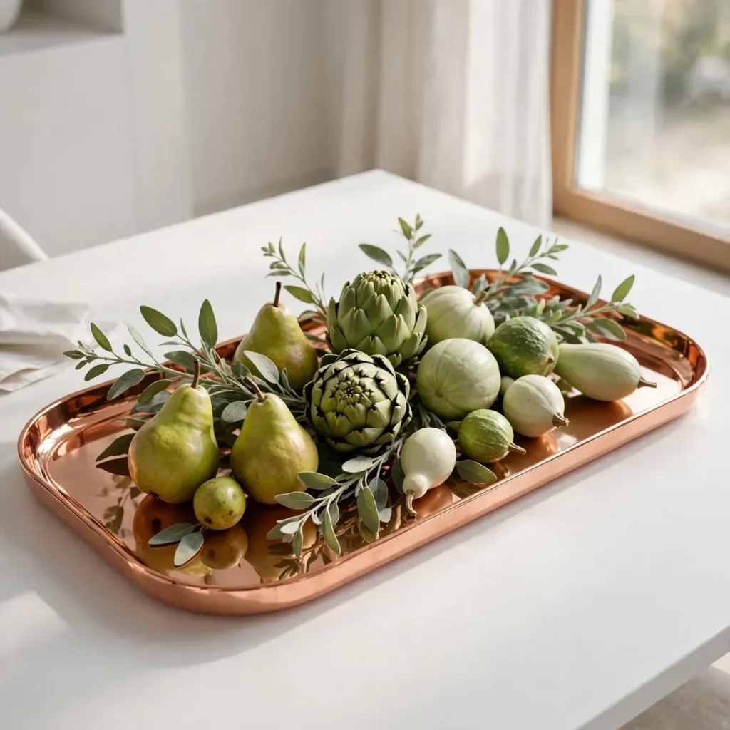 thanksgiving centerpiece ideas: modern copper tray with pears, artichokes and sage eucalyptus