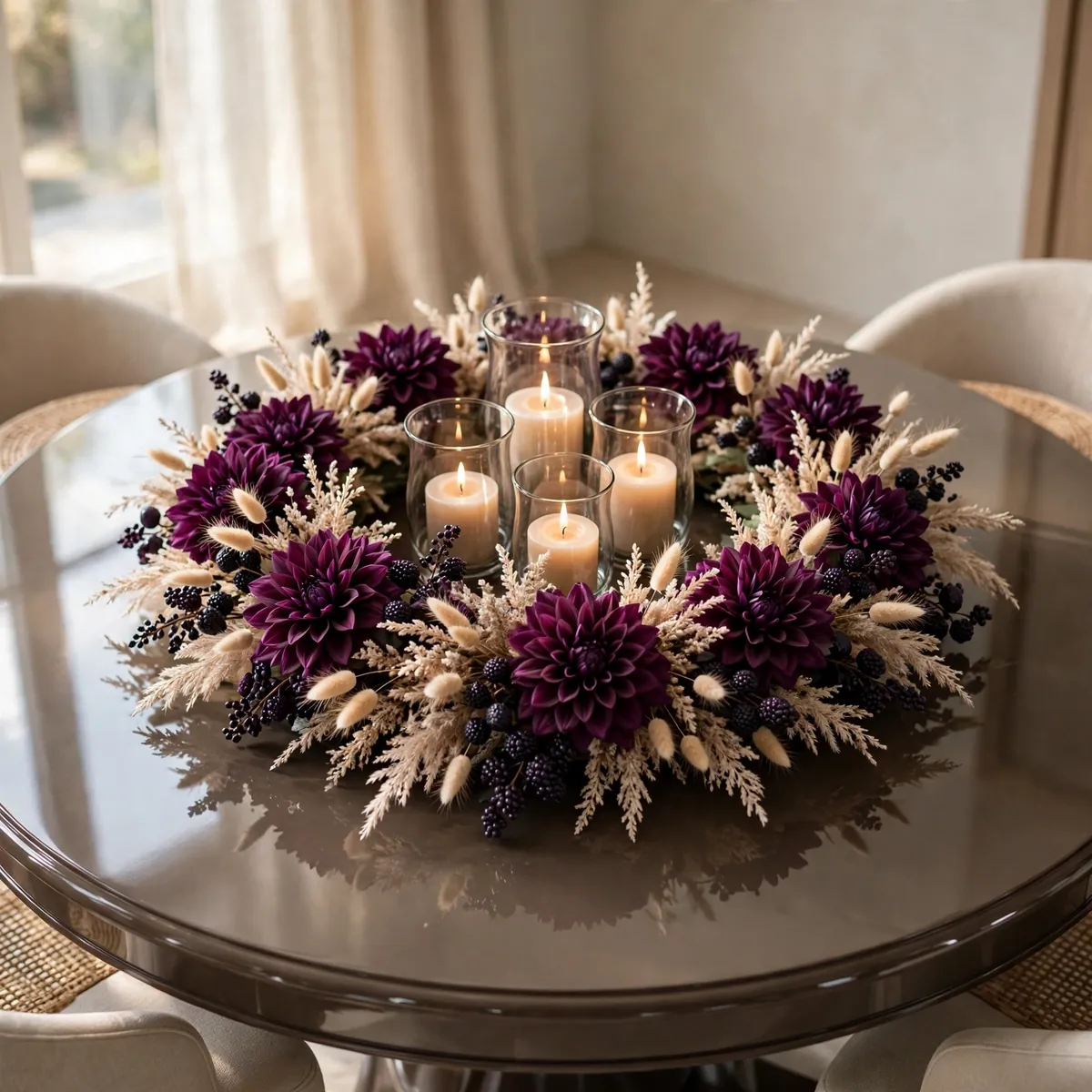 thanksgiving centerpiece ideas: low wreath of plum dahlias around hurricane candles on a round table