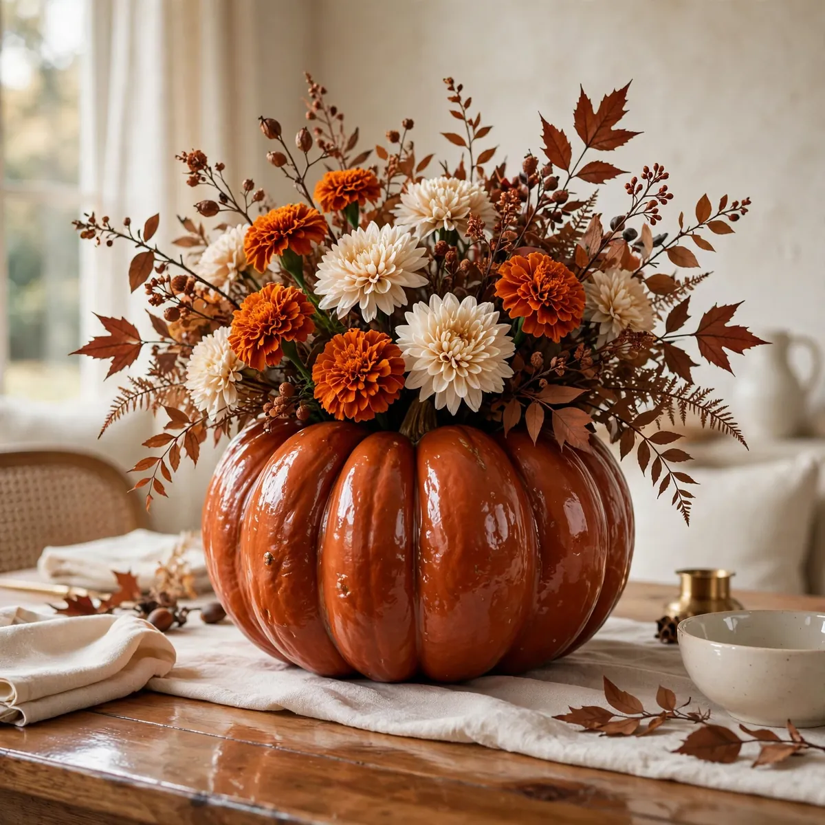 thanksgiving centerpiece ideas: terracotta pumpkin vase with marigolds and cream mums
