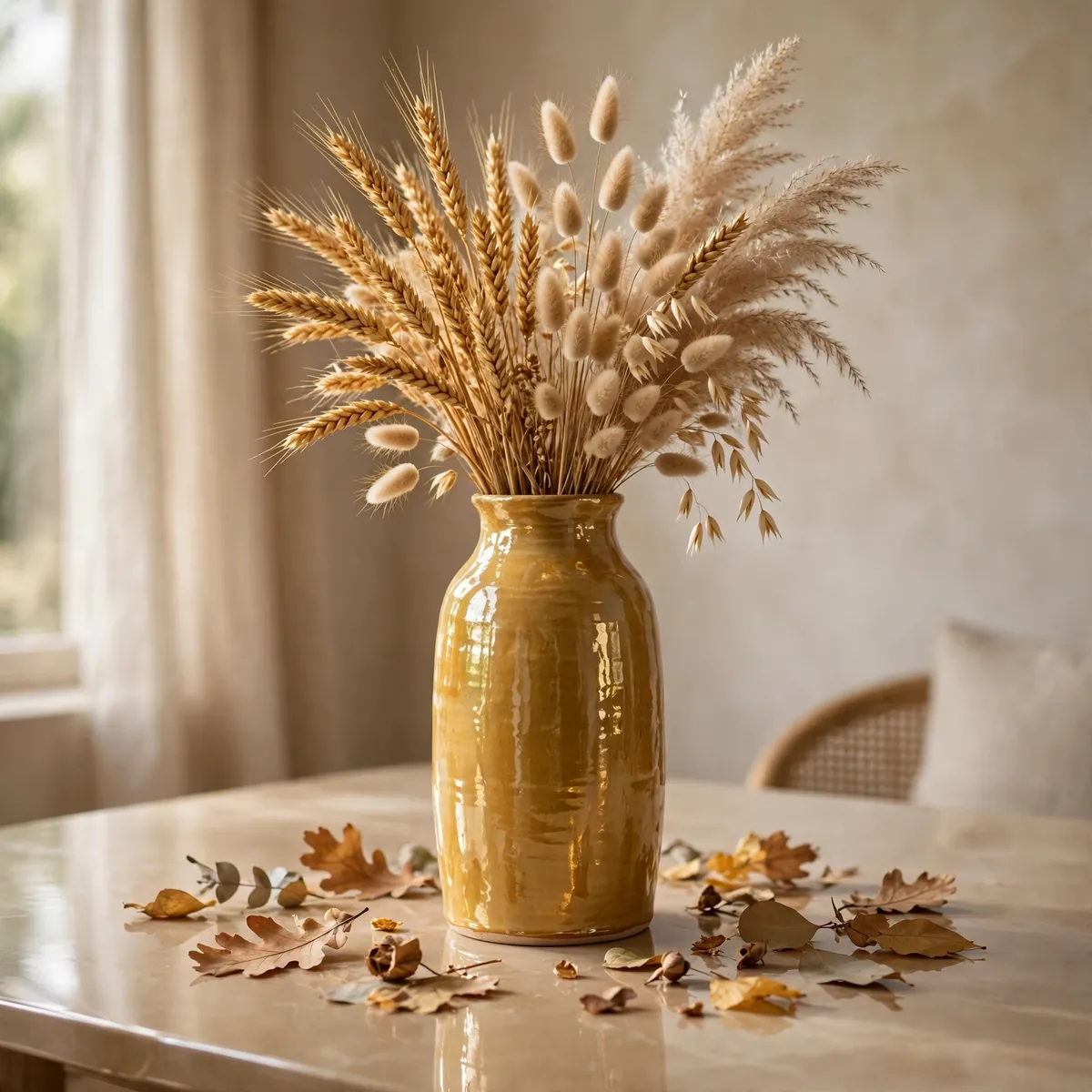 thanksgiving centerpiece ideas: ceramic jug of golden wheat and dried grasses in a honey palette