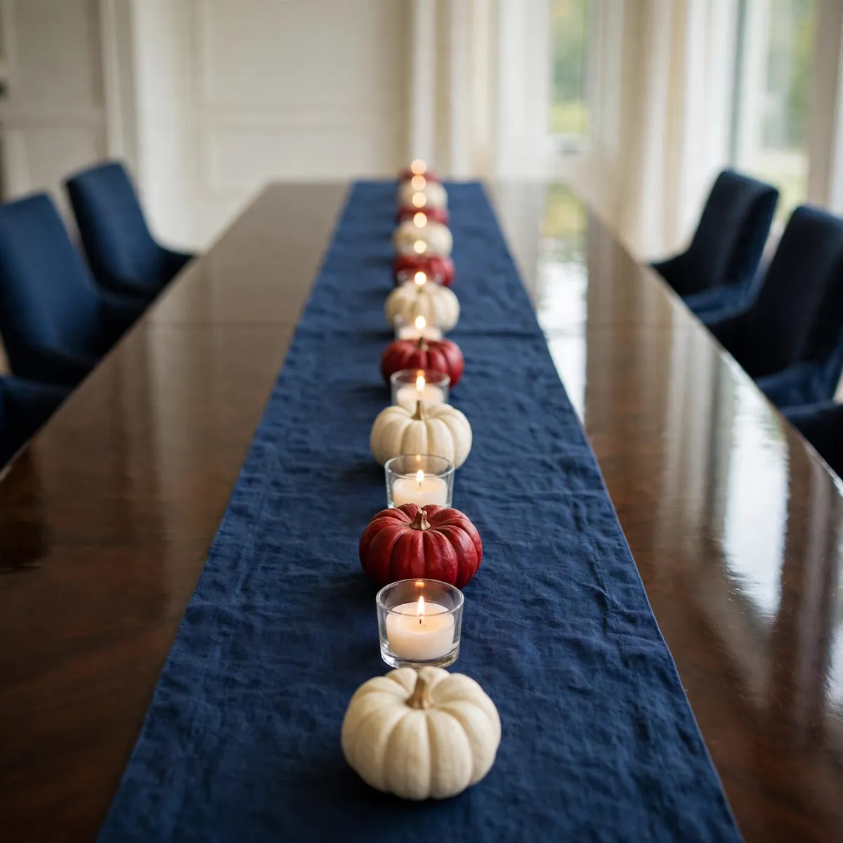 thanksgiving centerpiece ideas: row of mini pumpkins and tea lights on a navy linen runner