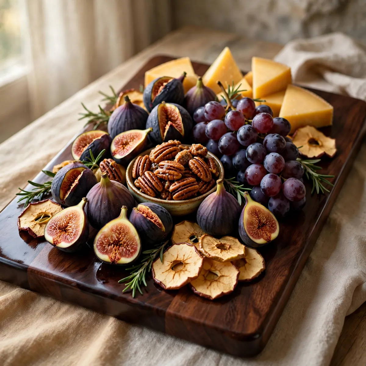 thanksgiving centerpiece ideas: walnut board with figs, grapes, nuts and cheese for snacking