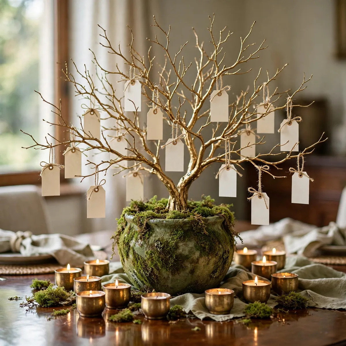 thanksgiving centerpiece ideas: gratitude tree with paper tags and brass votives