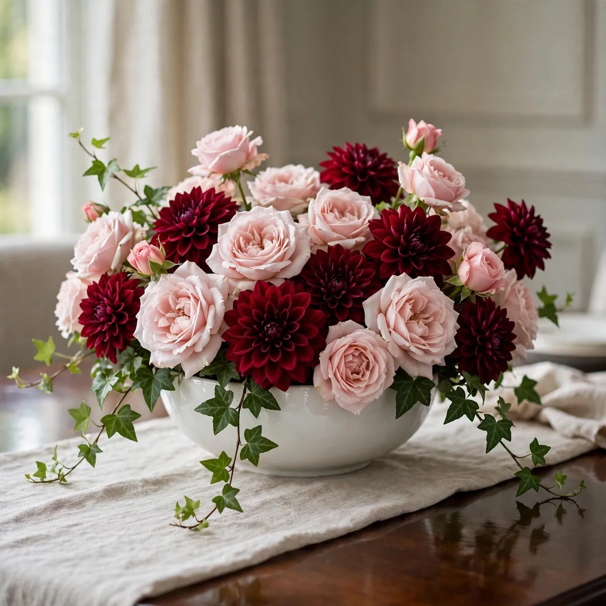 thanksgiving centerpiece ideas: low bowl of blush roses and garnet dahlias with ivy