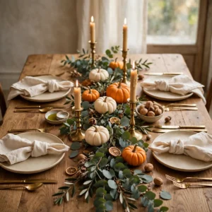 thanksgiving decor ideas: elegant Thanksgiving dining table with amber tones, brass candles and pumpkins