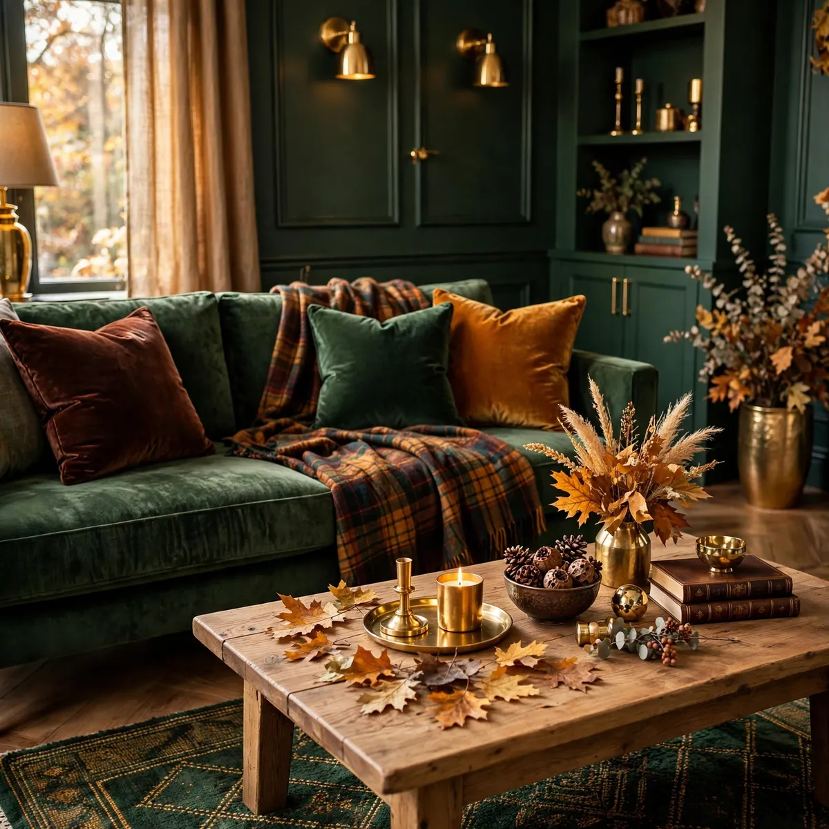thanksgiving decor ideas: warm autumn palette with amber, oxblood, forest green and gold accents