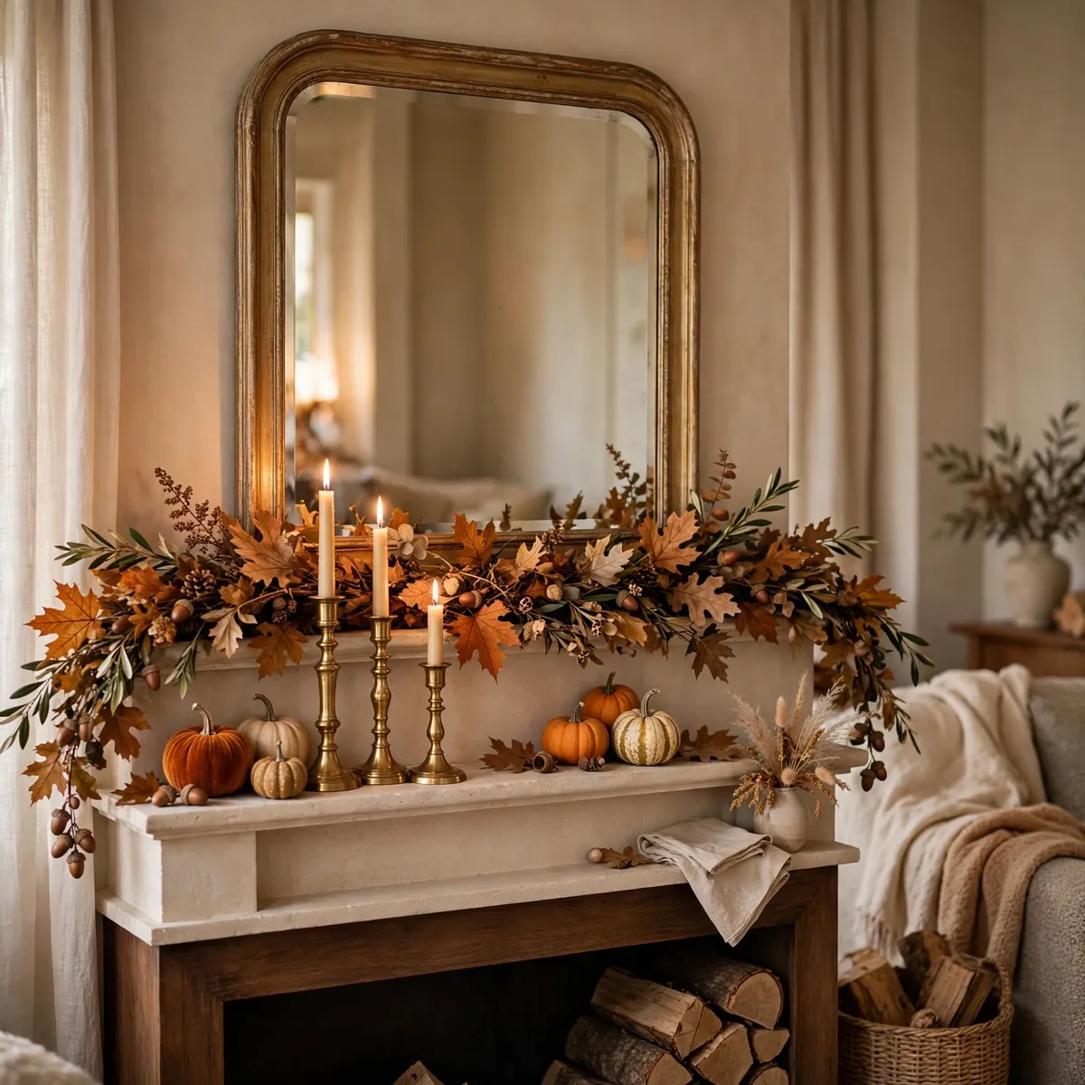 thanksgiving decor ideas: elegant mantel with autumn garland, brass candlesticks and pumpkins