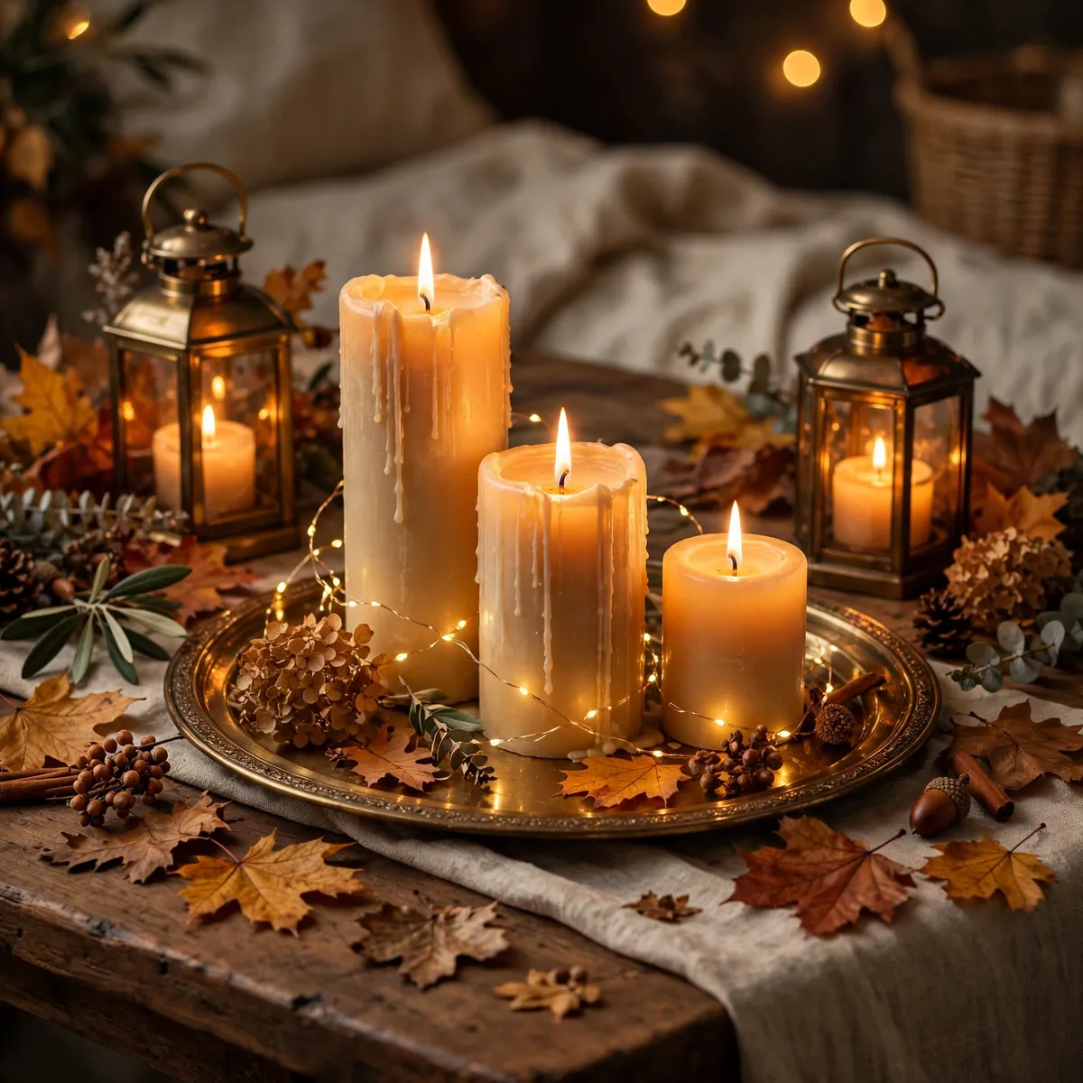 thanksgiving decor ideas: pillar candles at varied heights with amber lanterns and warm glow