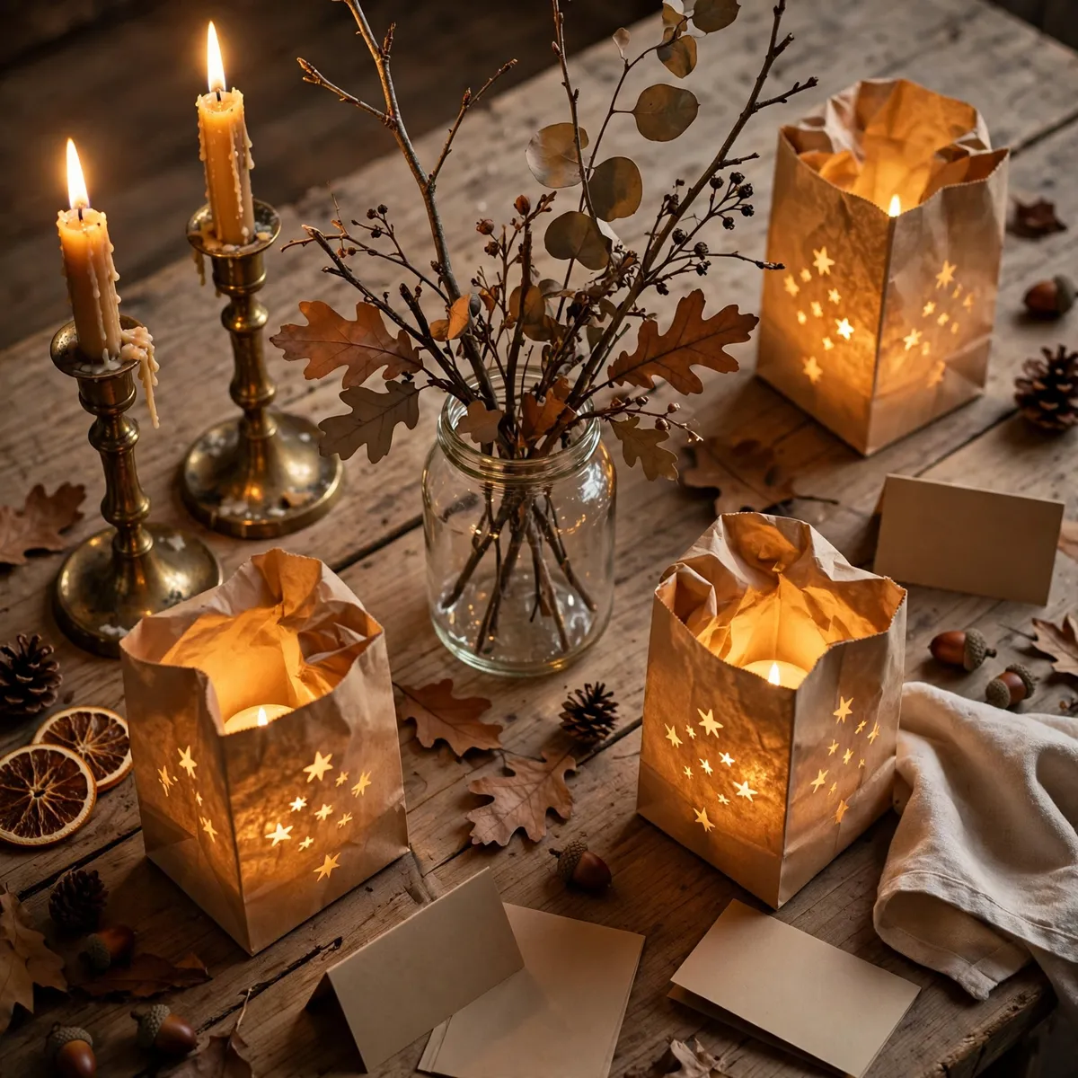 thanksgiving decor ideas: budget-friendly table with kraft place cards, foraged branches and thrifted candlesticks