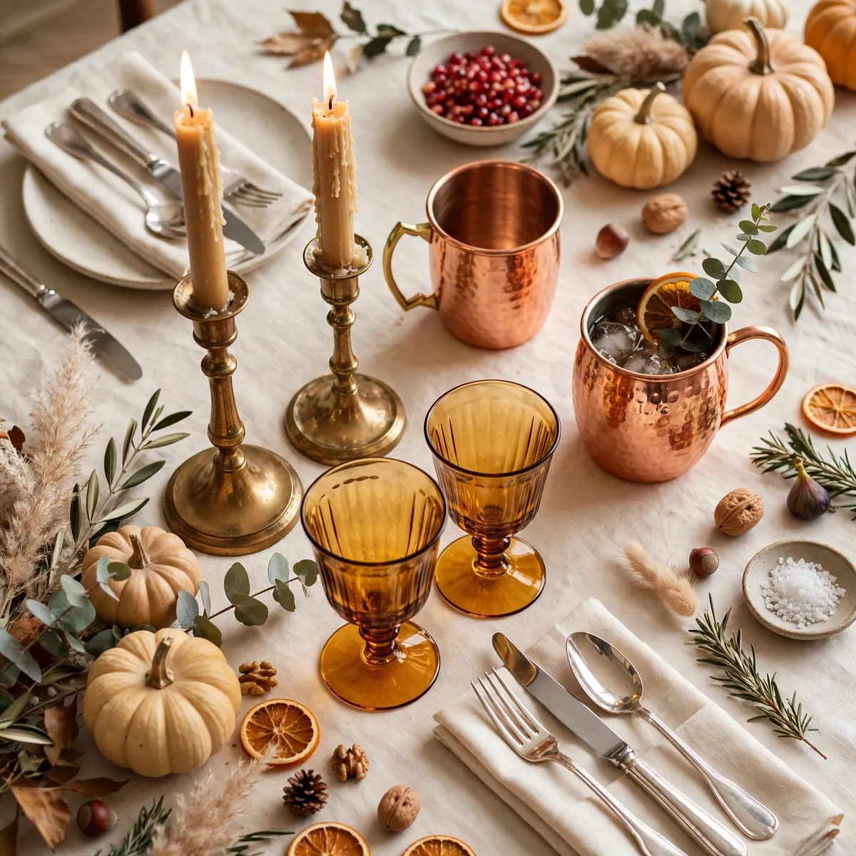 thanksgiving decor ideas: table mixing brass, copper and silver with amber glassware