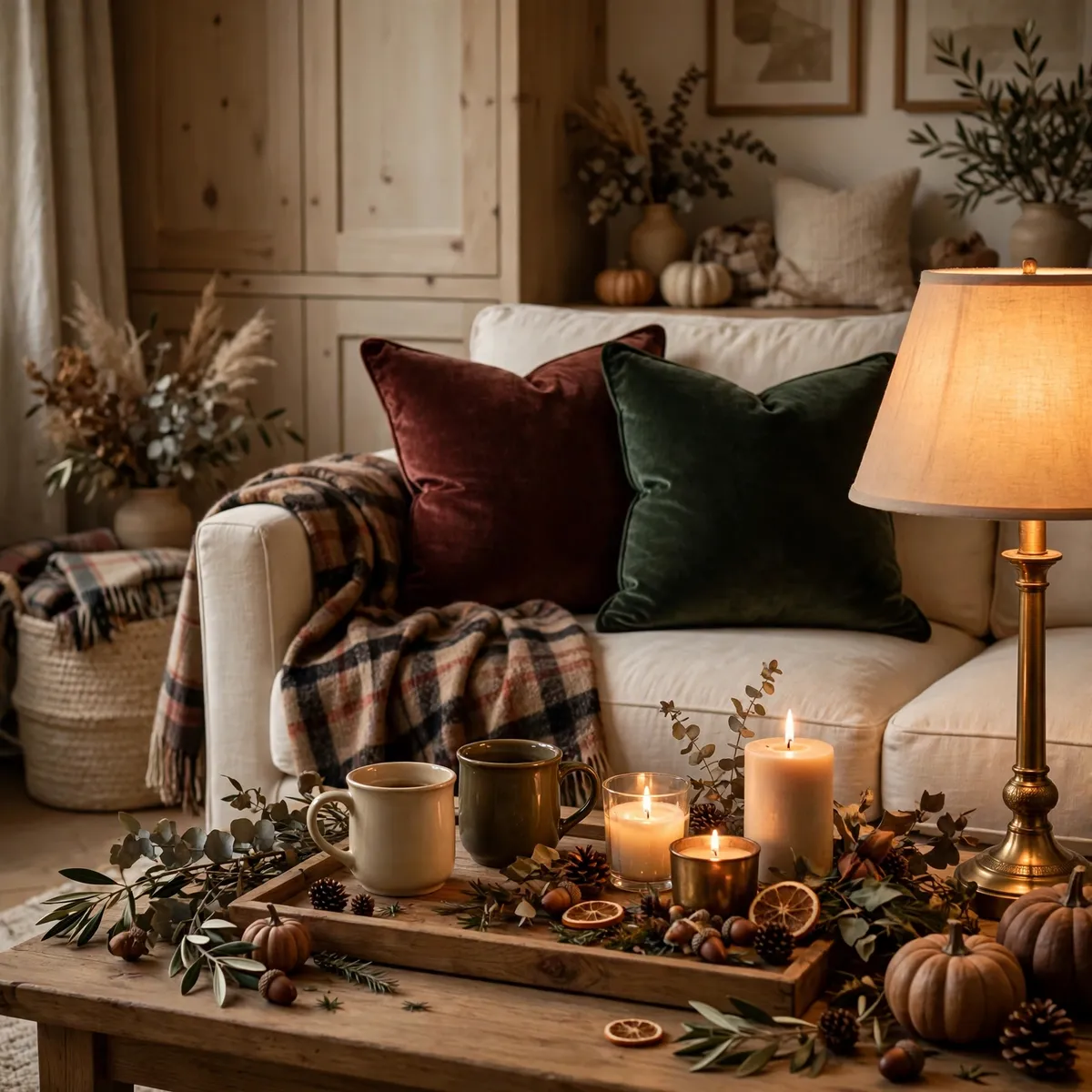 thanksgiving decor ideas: cozy living room with plaid throw, oxblood and forest green cushions and candles