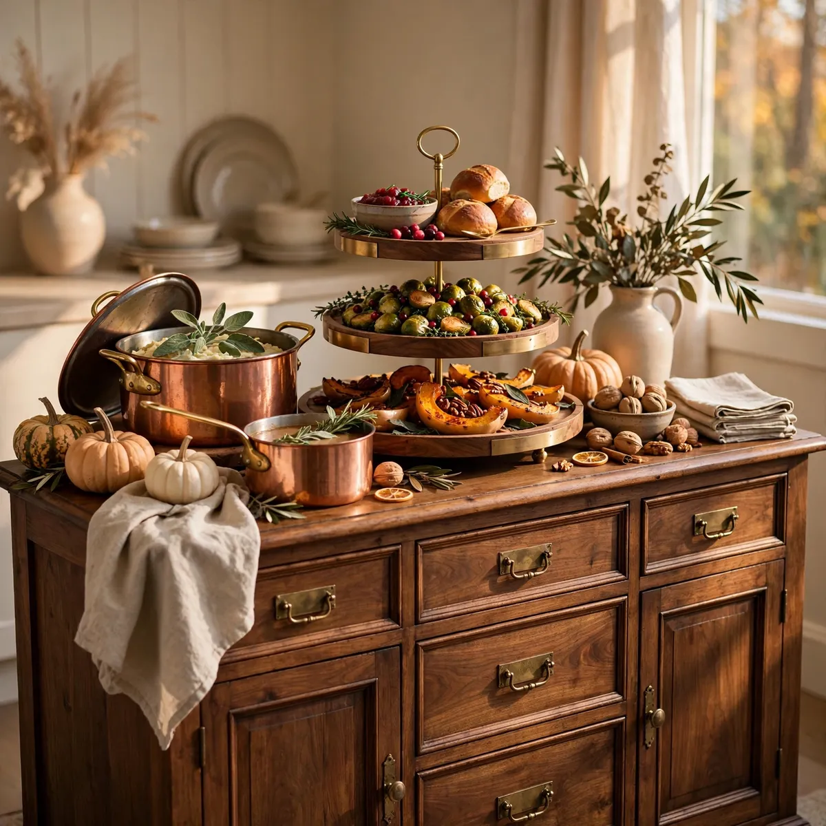 thanksgiving decor ideas: kitchen sideboard serving station with tiered trays, copper pots and pumpkins