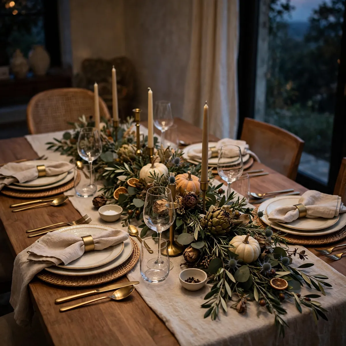 thanksgiving decor ideas: fully set Thanksgiving table the night before with candles ready to light