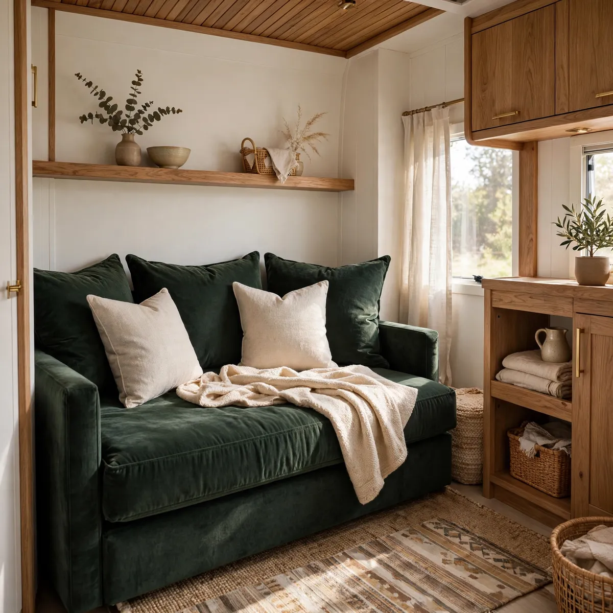 trailer living room ideas: The Velvet-Linen Daybed Layout
