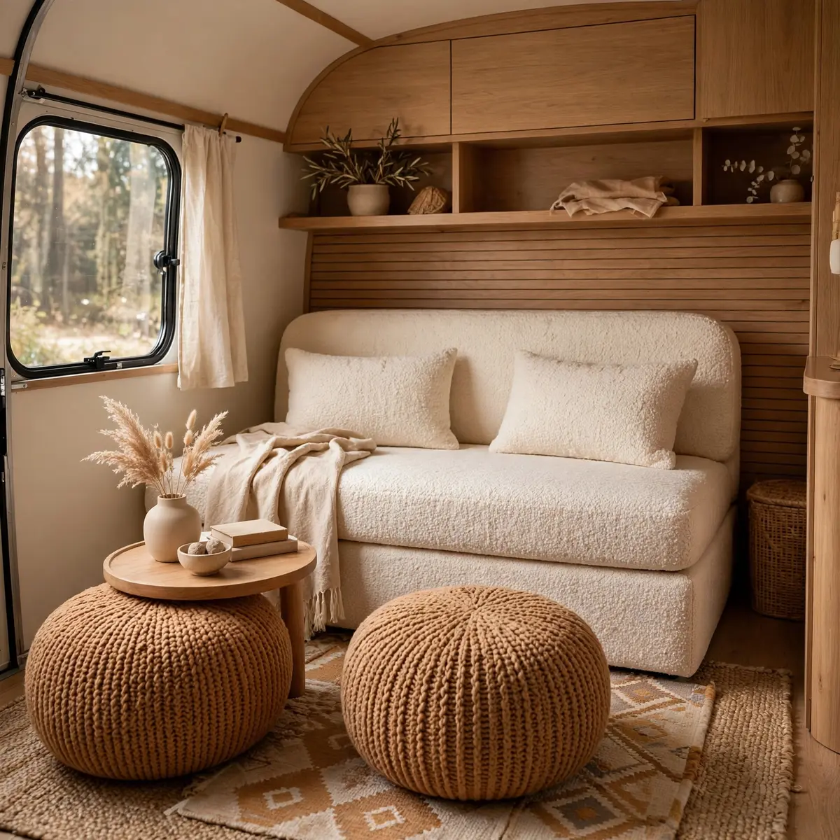 trailer living room ideas: Armless Loveseat and Two Poufs