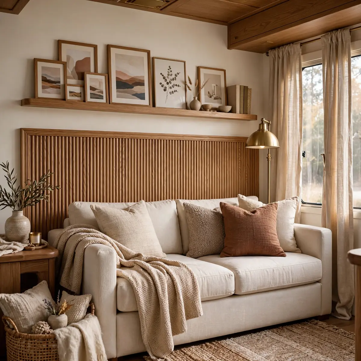 trailer living room ideas: Warm White Walls with Wood Accents