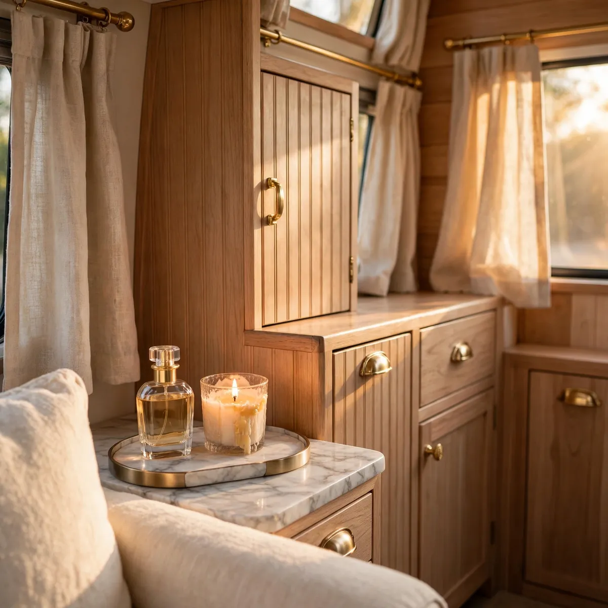 trailer living room ideas: Brass and Marble Details