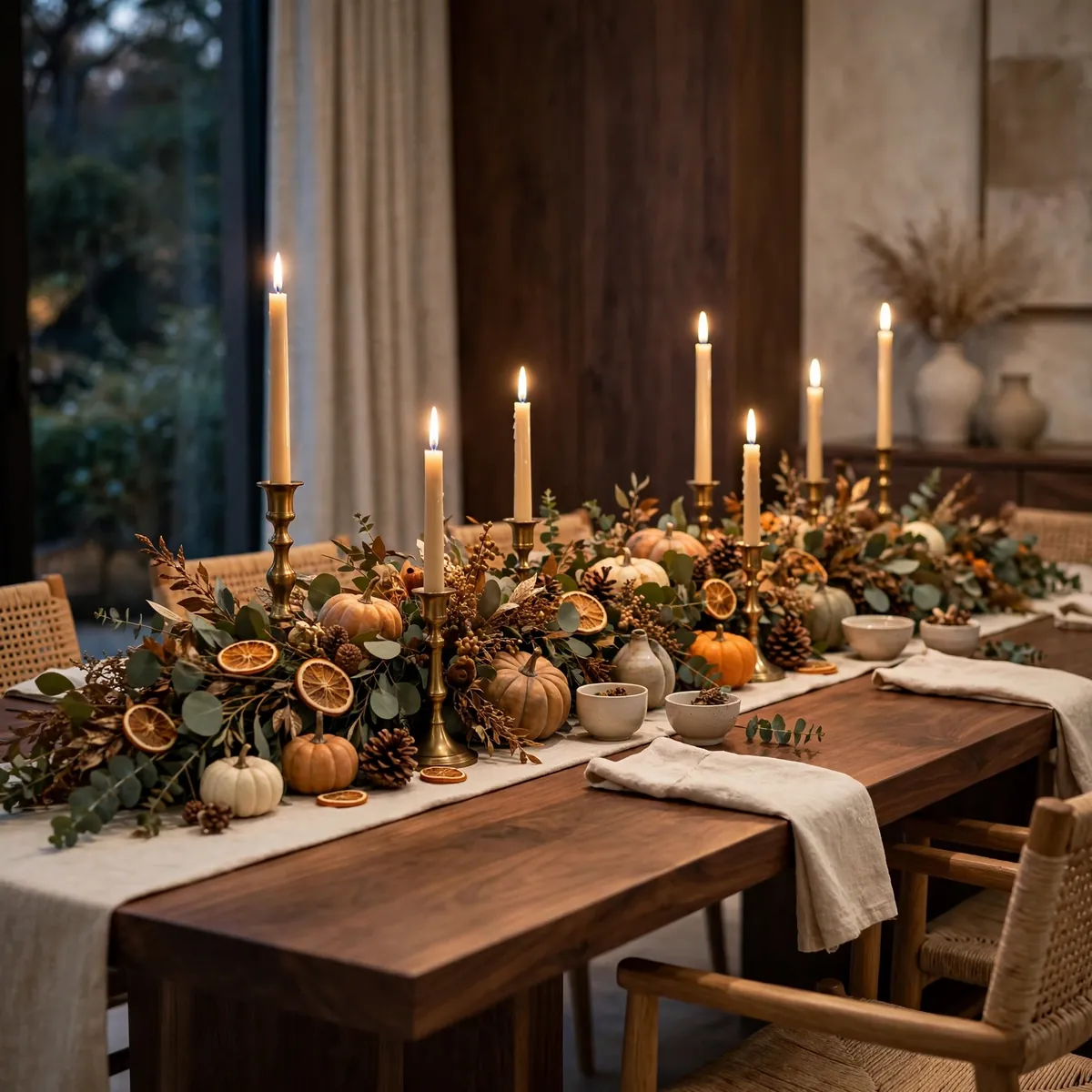 thanksgiving table decor ideas: low eucalyptus and dried-orange garland with mini pumpkins and brass candlesticks running down a walnut dining table