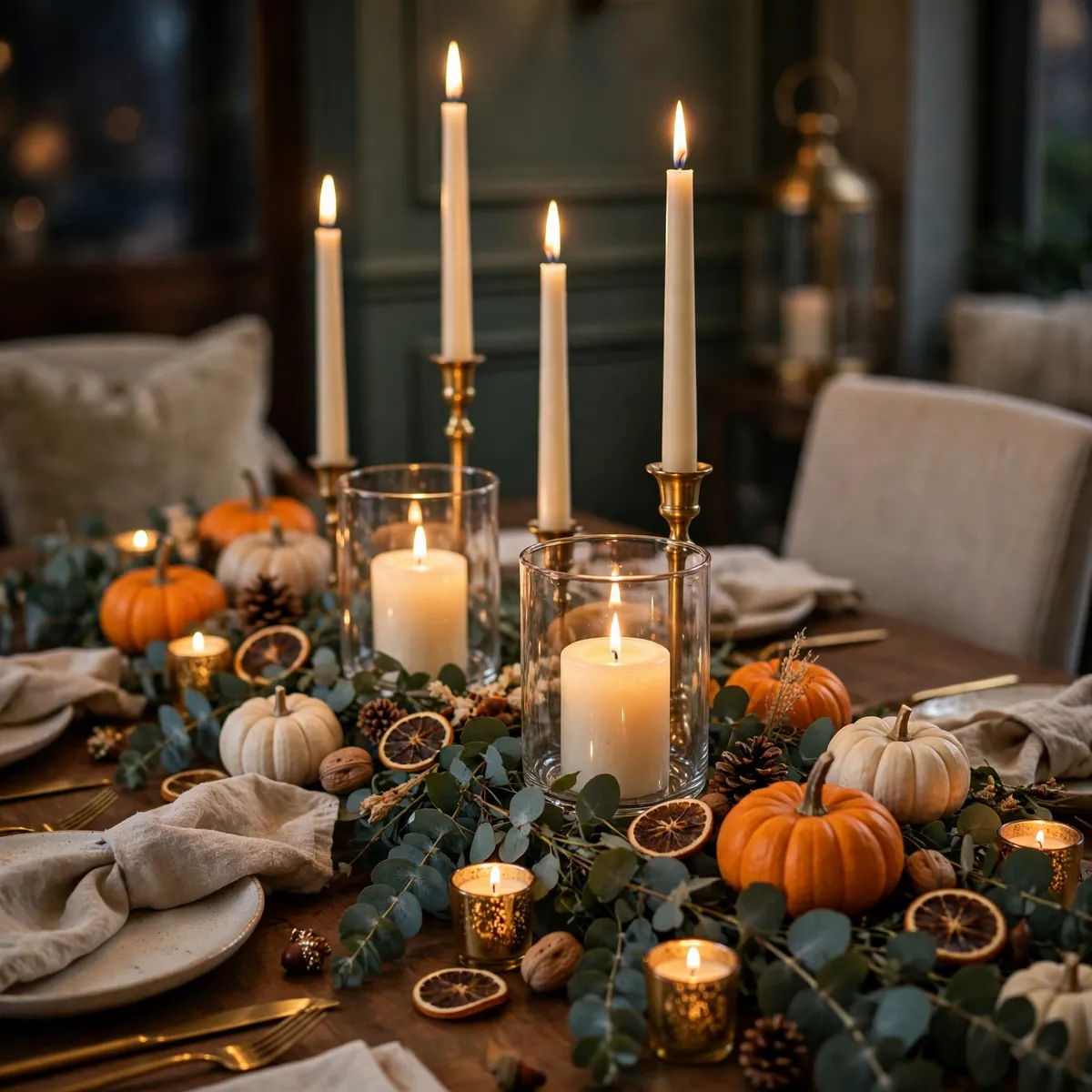 thanksgiving table decor ideas: ivory taper candles, pillar candles and gold votives glowing at three heights in a fall garland