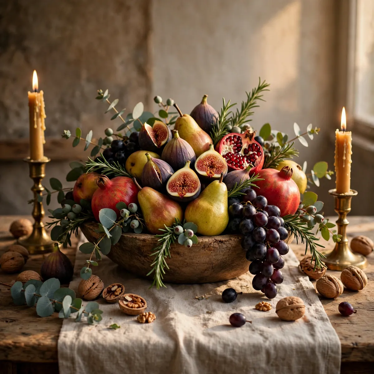 thanksgiving table decor ideas: low wooden bowl of figs, pears, pomegranates and grapes with rosemary and eucalyptus