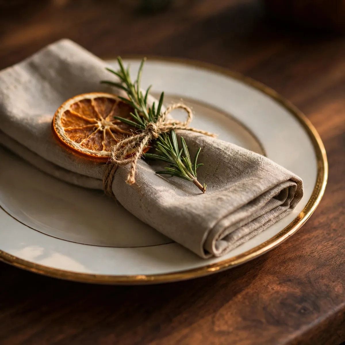 thanksgiving table decor ideas: linen napkin tied with twine, a rosemary sprig and a dried orange slice on a gold-rimmed plate