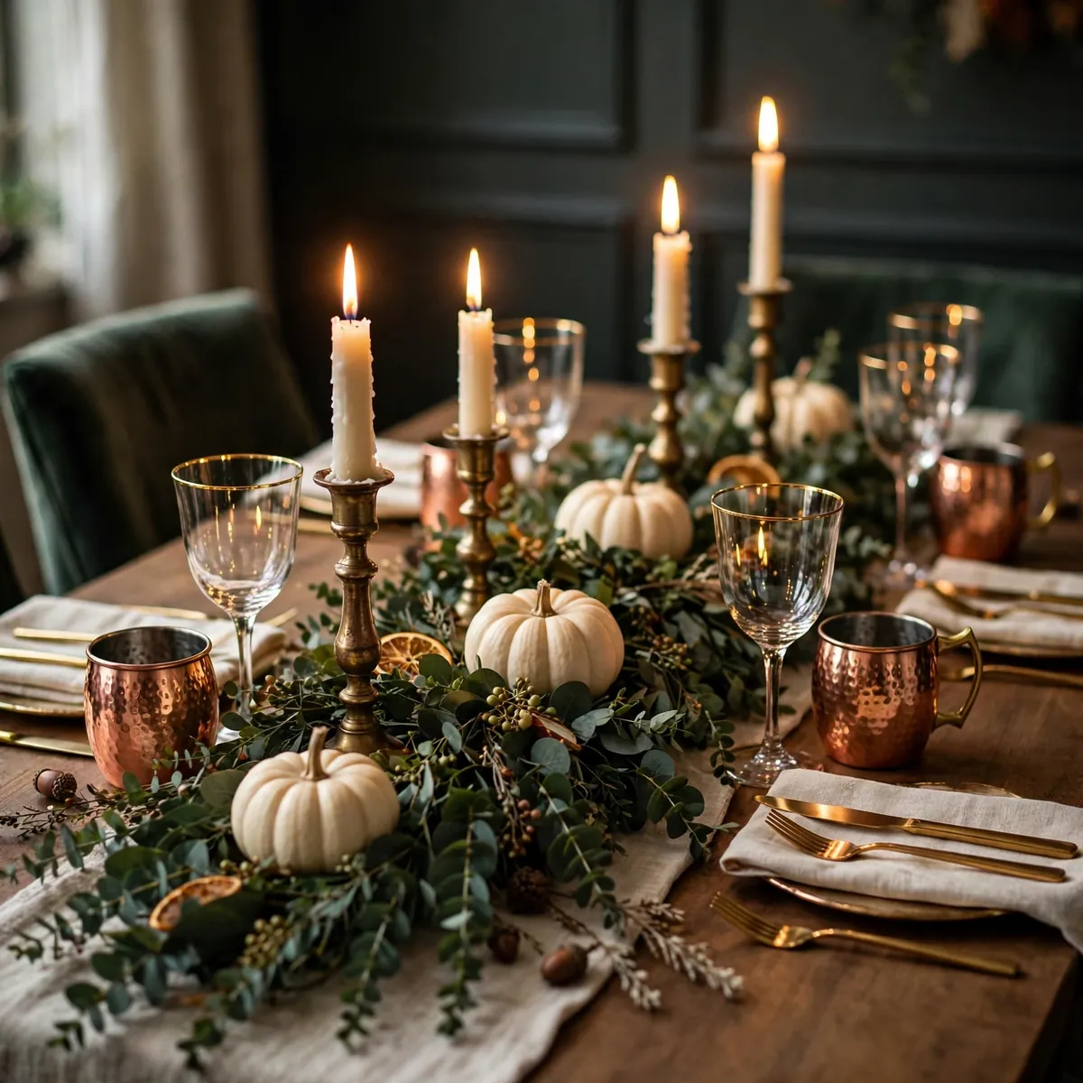 thanksgiving table decor ideas: gold flatware, brass candlesticks and copper mugs catching candlelight beside a eucalyptus garland