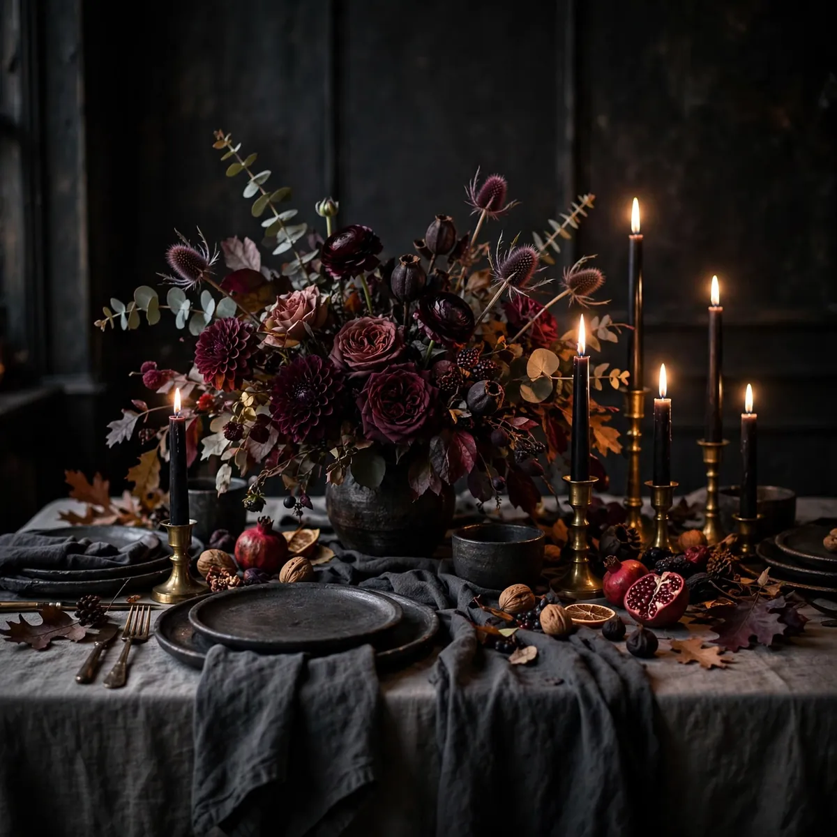 thanksgiving table decor ideas: moody charcoal linen table with burgundy florals and black taper candles in brass holders
