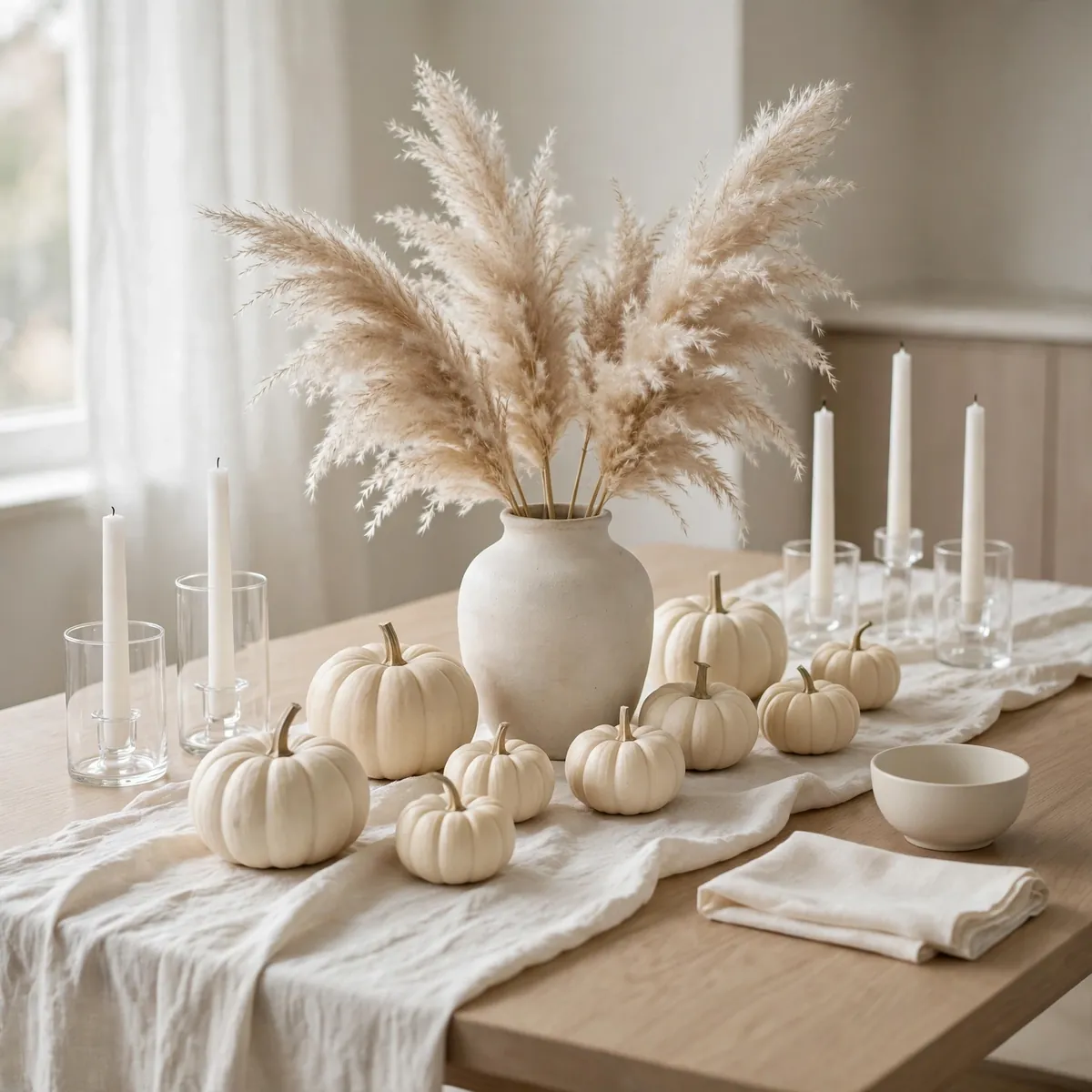 thanksgiving table decor ideas: white and cream mini pumpkins with pampas grass and ivory linen on a light oak table