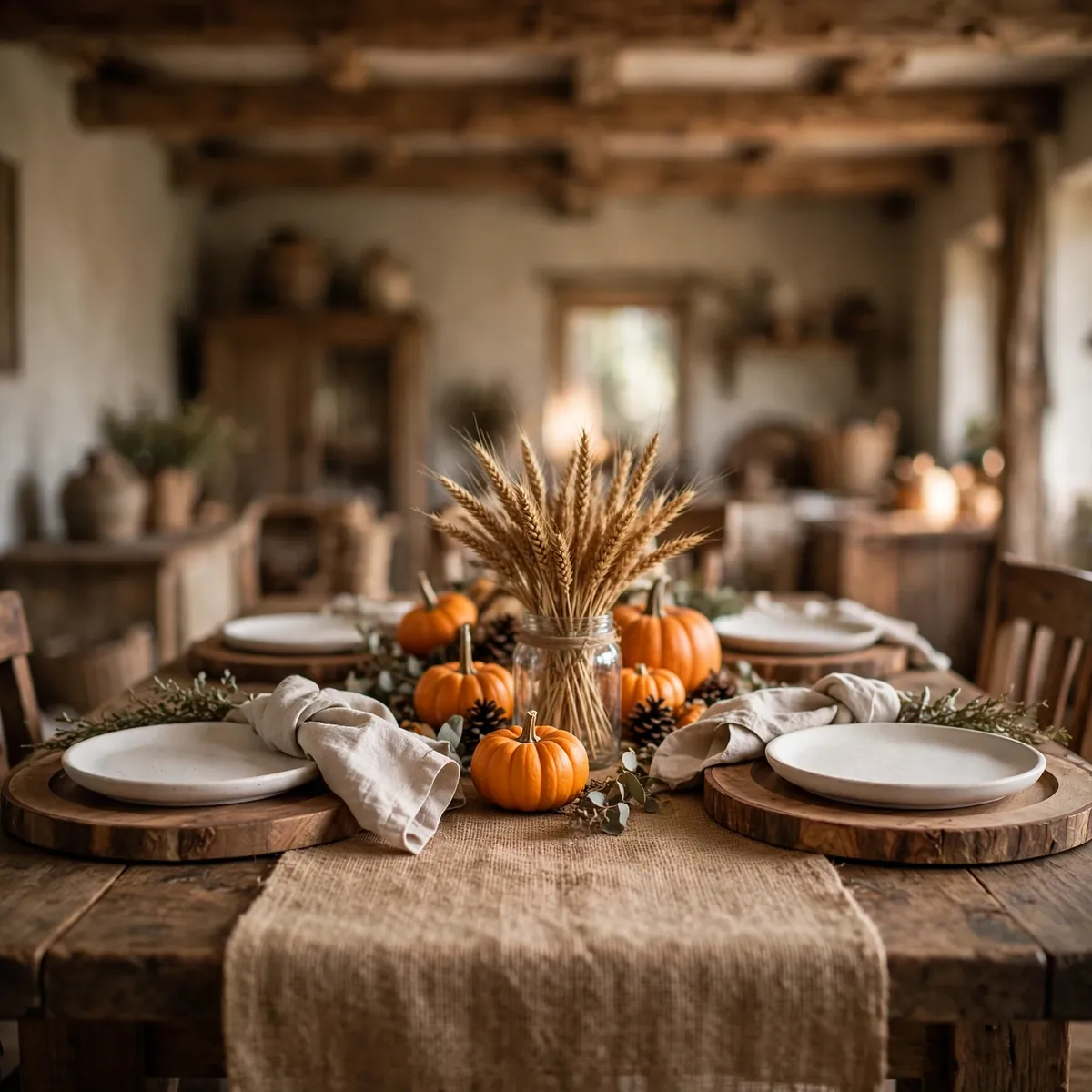 thanksgiving table decor ideas: rustic farmhouse table with wooden chargers, burlap runner and scattered pumpkins and pinecones