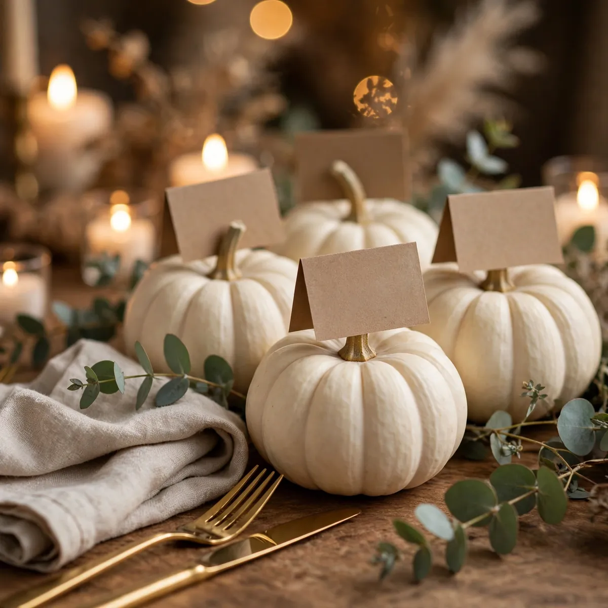thanksgiving table decor ideas: kraft-paper place cards tucked into mini white pumpkins beside linen napkins and gold flatware