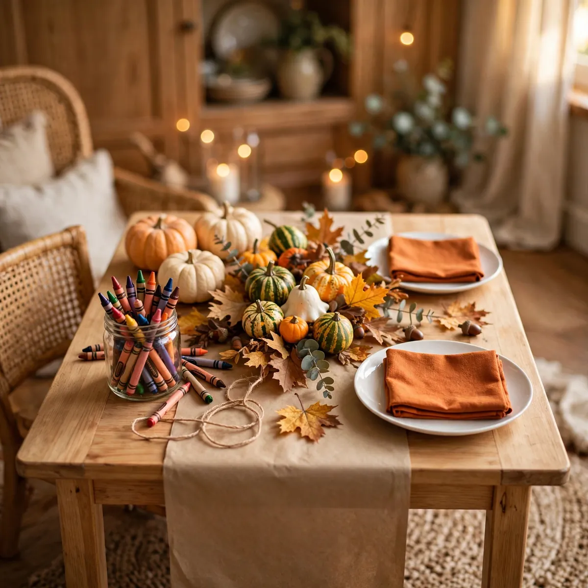 thanksgiving table decor ideas: kids' table with kraft paper runner, crayons and small pumpkins ready to decorate