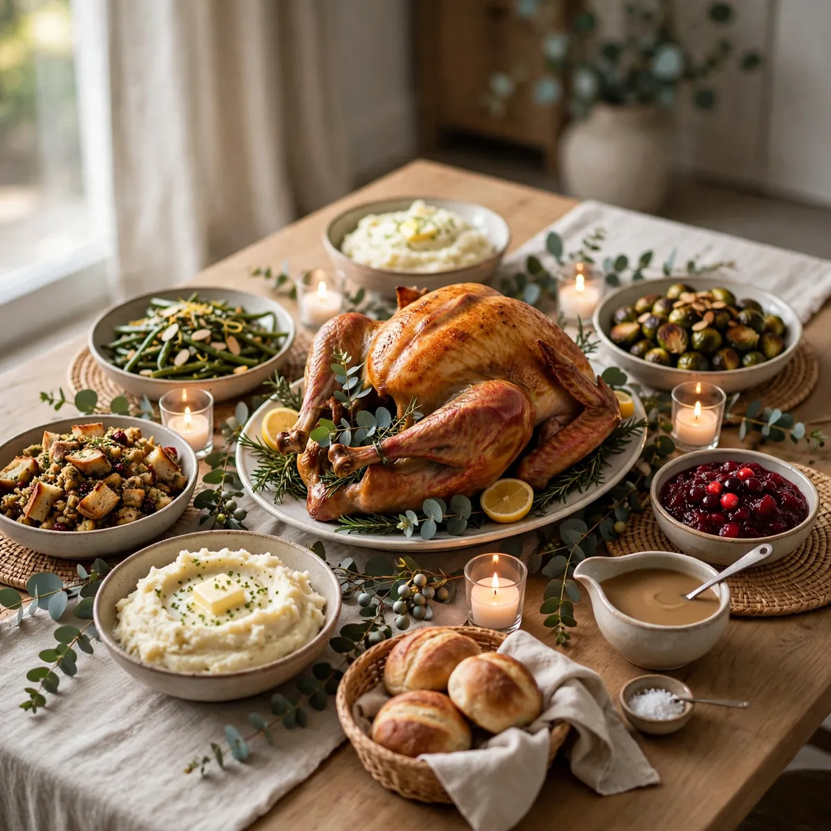 thanksgiving table decor ideas: roast turkey platter surrounded by low serving bowls with eucalyptus sprigs and votive candles