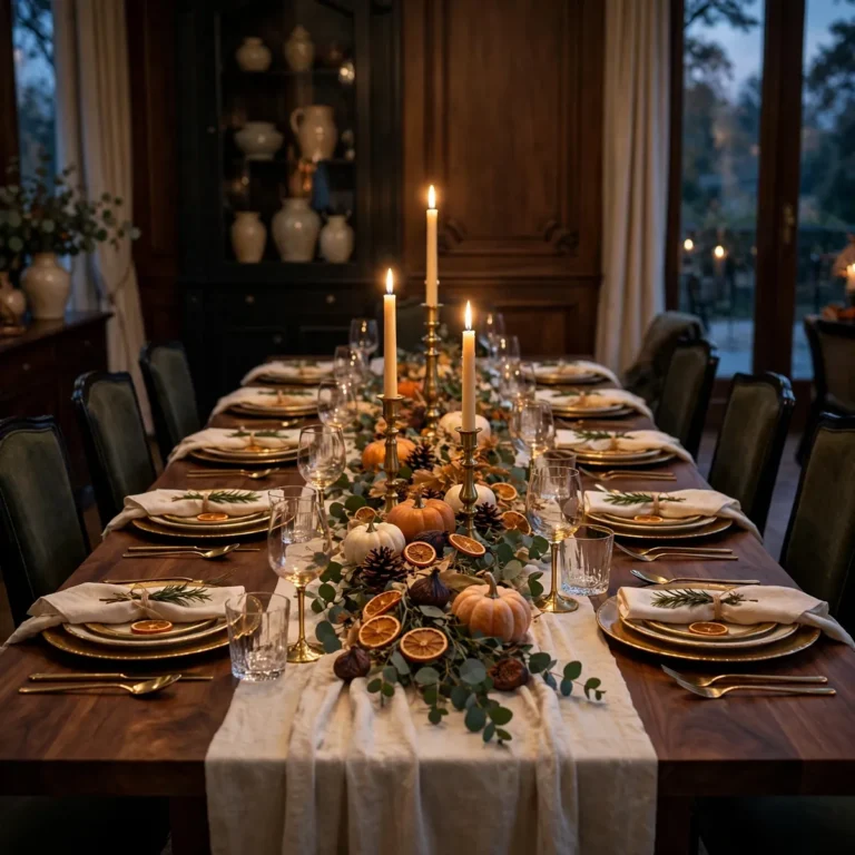thanksgiving table decor ideas: styled Thanksgiving table with harvest garland, candlelight and gold accents