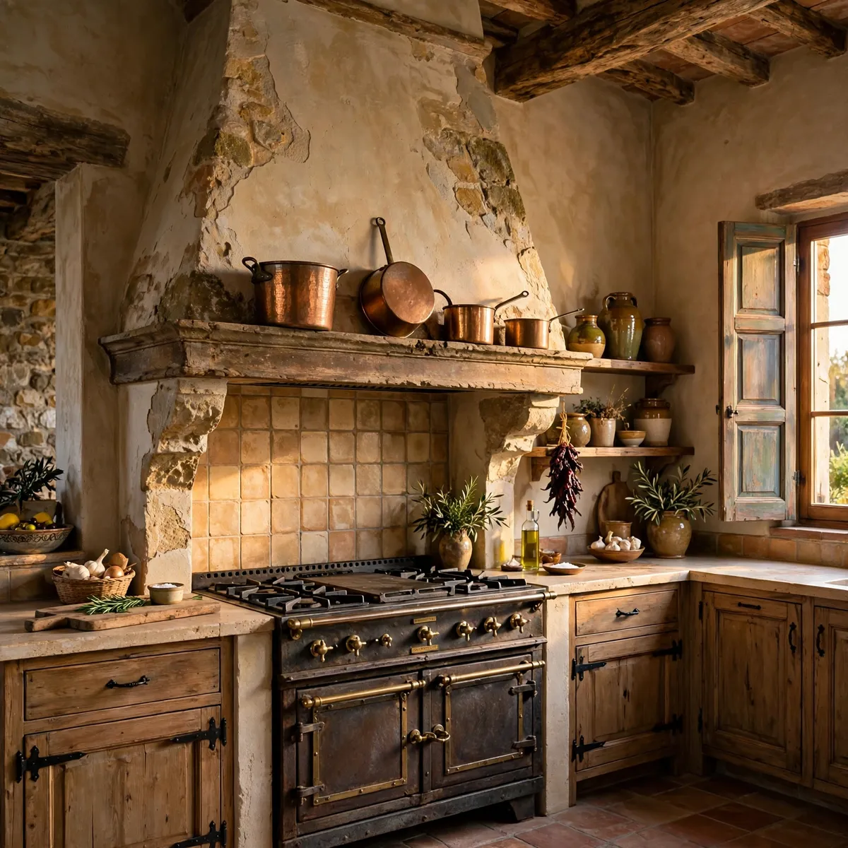 tuscan kitchen ideas: Crown the Range With an Aged Stone Hood