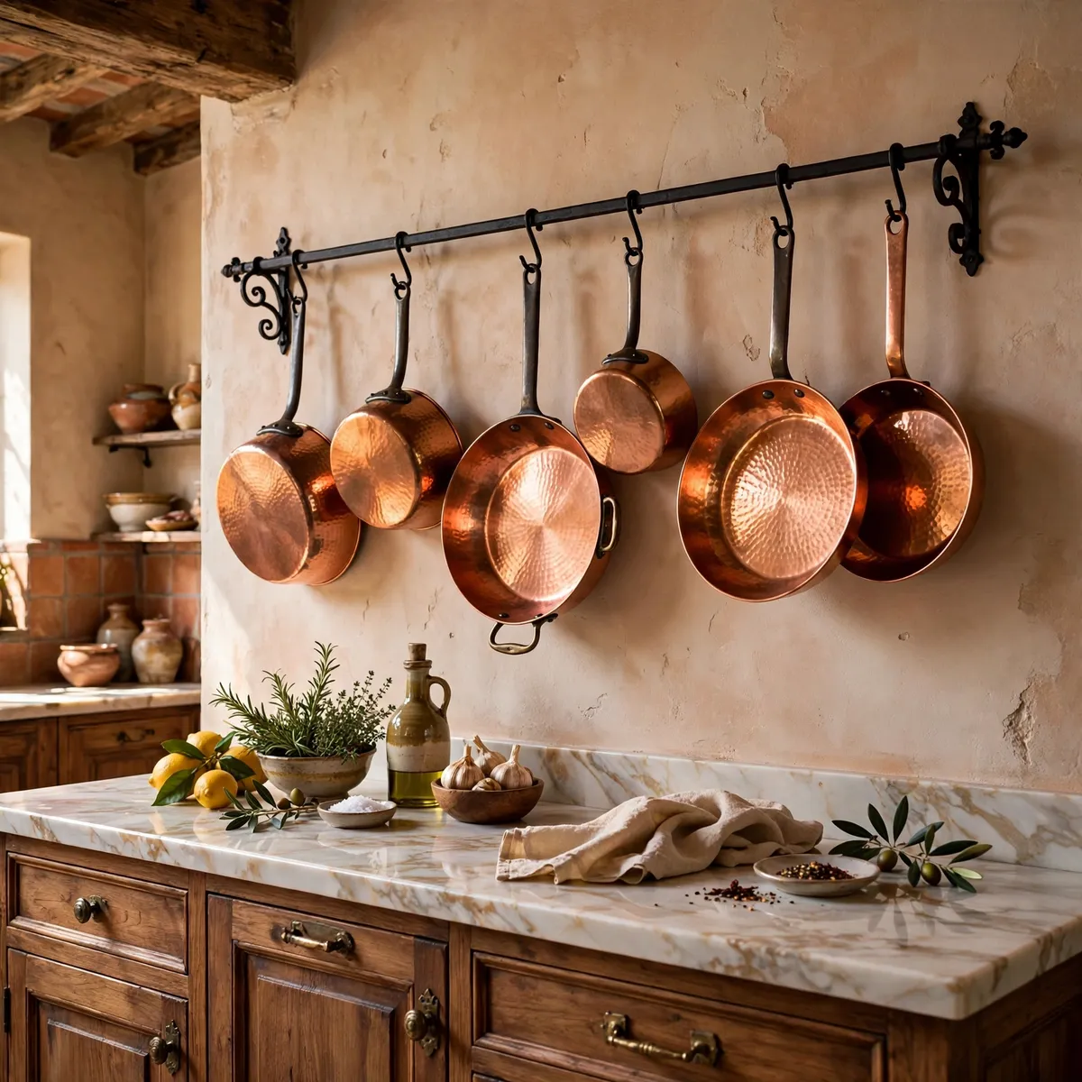 tuscan kitchen ideas: Hang Copper Pots Like Jewelry