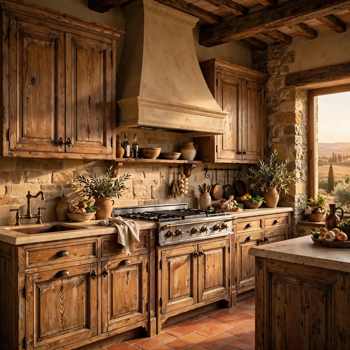 tuscan kitchen ideas: Choose Distressed Wood Cabinetry