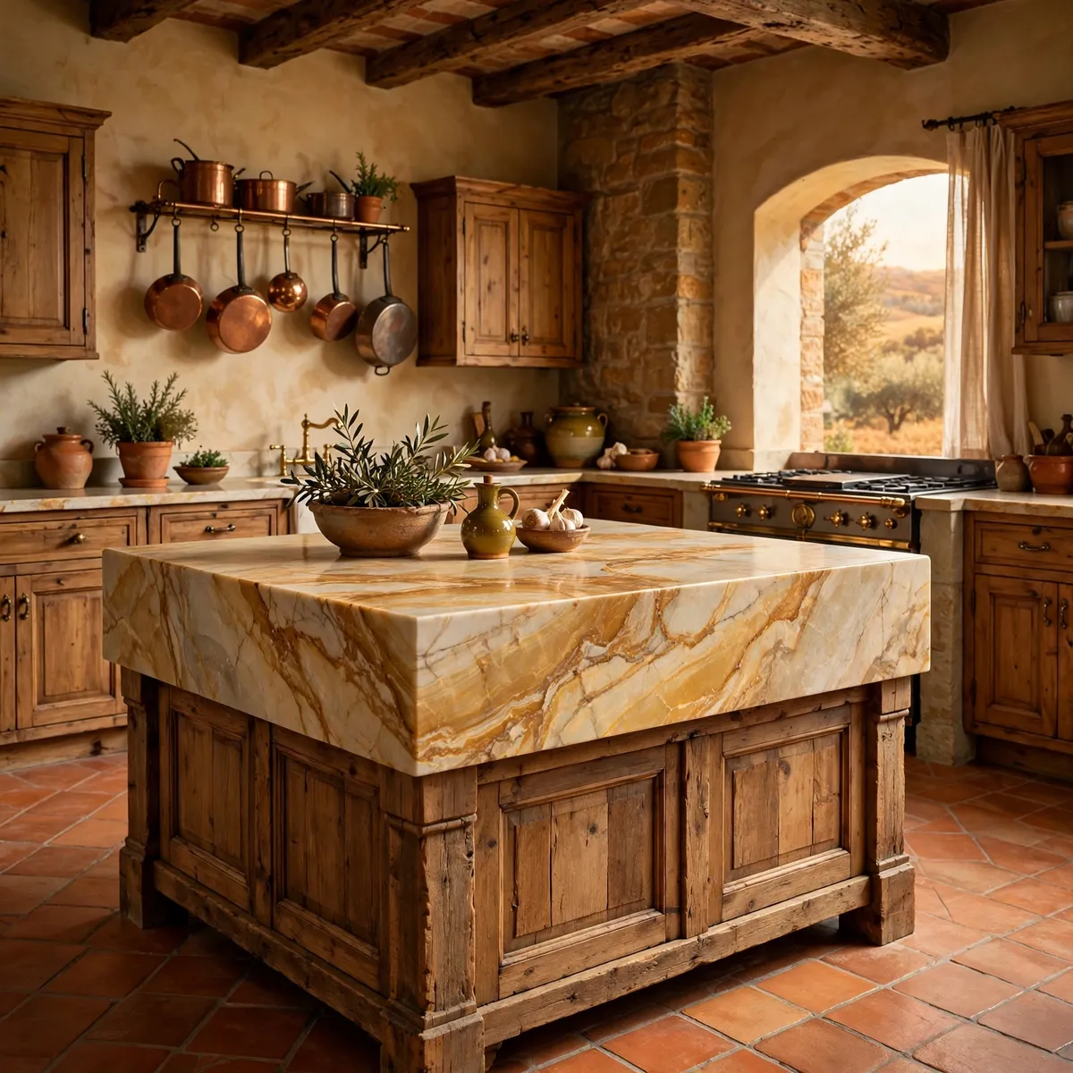 tuscan kitchen ideas: Choose Marble With Warm Golden Veining