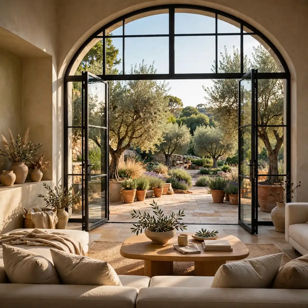 tuscan living room ideas: Indoor-Outdoor Arched Glass Doors