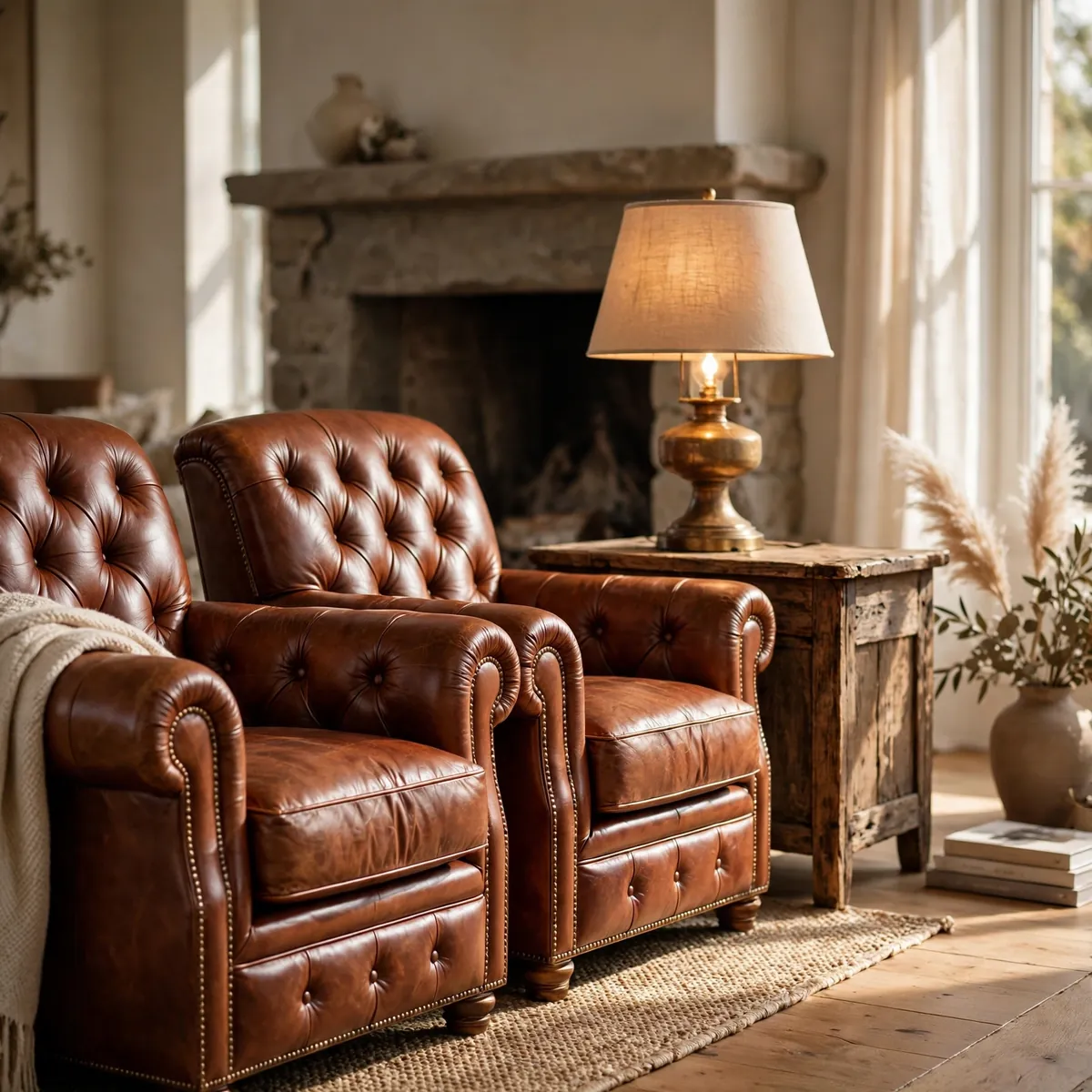 tuscan living room ideas: Leather Armchairs and Aged Wood