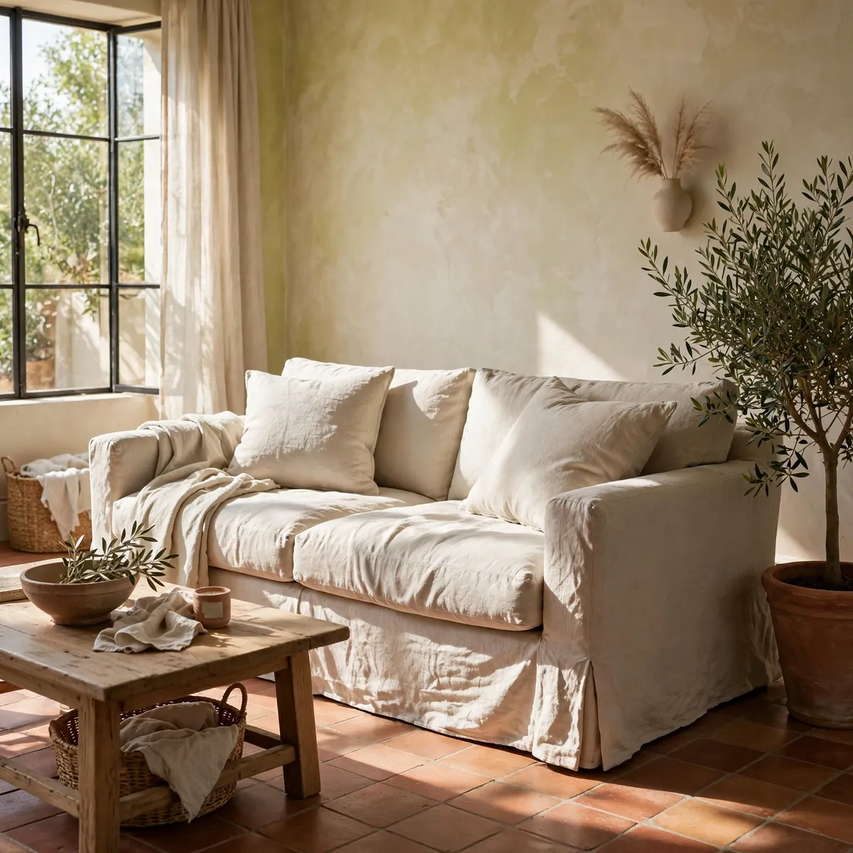 tuscan living room ideas: Linen Upholstery in Sunbaked Neutrals
