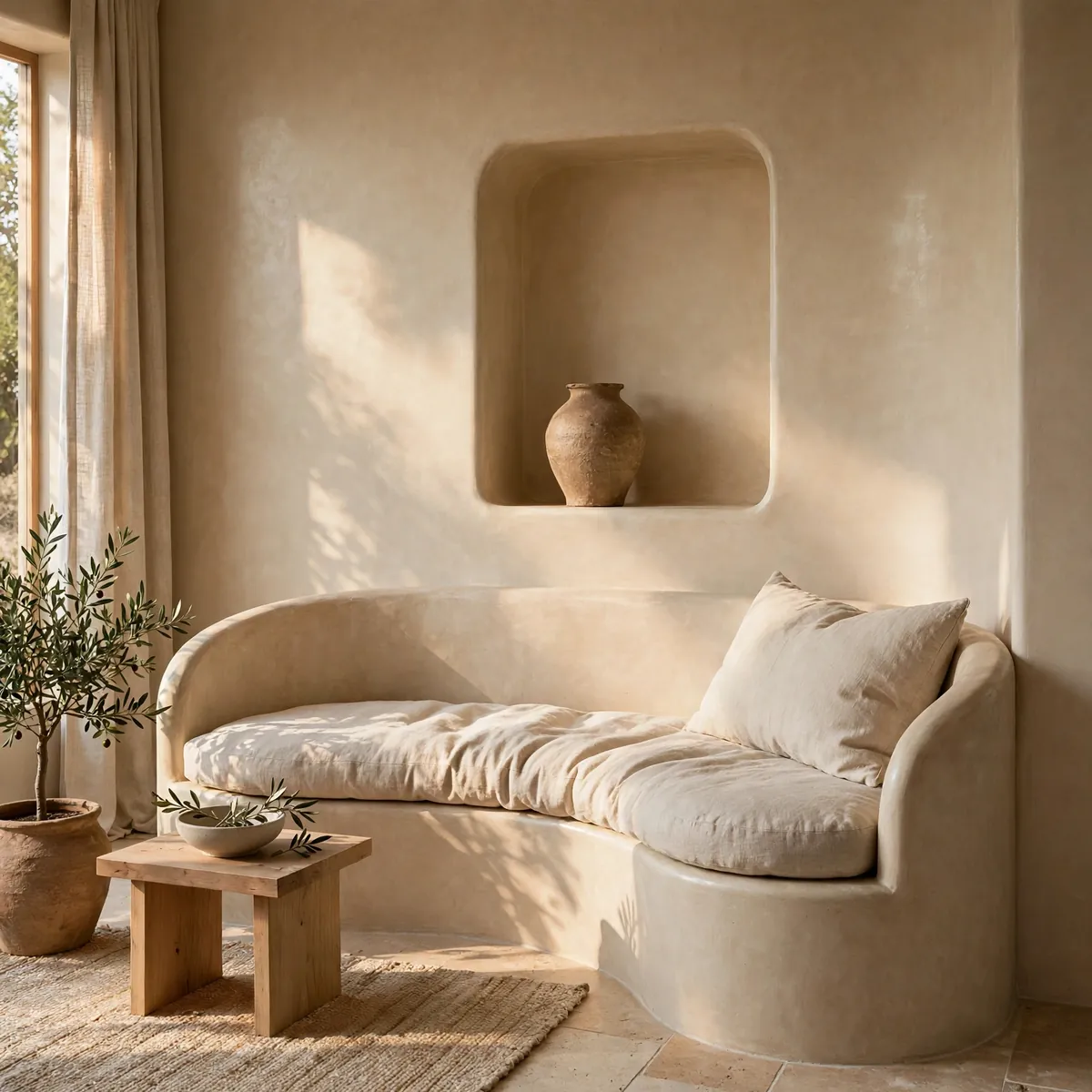 tuscan living room ideas: Built-In Plaster Seating Nook