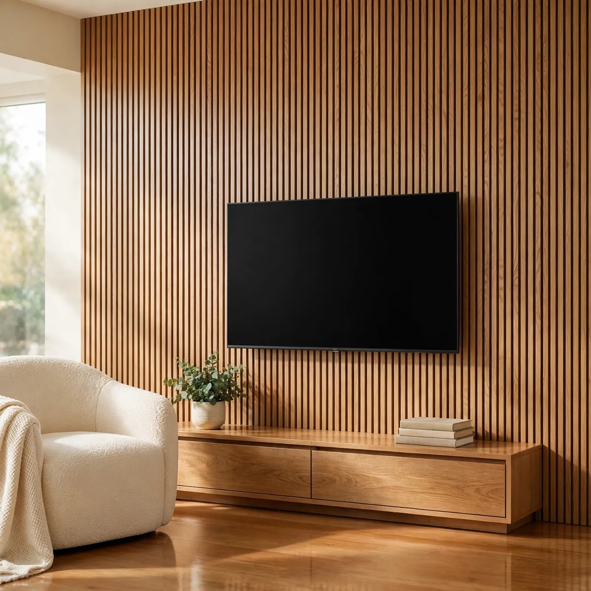 tv wall decor ideas: oak slat panel media wall with a wall-mounted TV and cream armchair