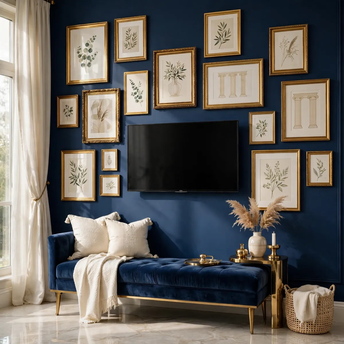 tv wall decor ideas: deep navy gallery wall with brass frames surrounding the TV
