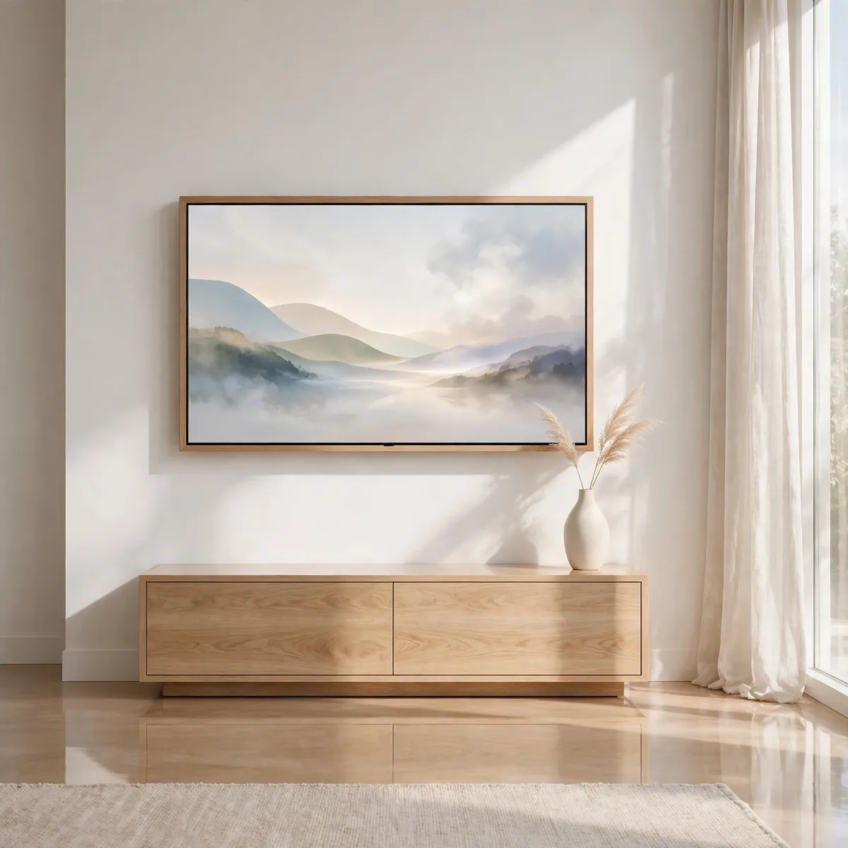 tv wall decor ideas: frame-style TV displaying abstract art on a bright white minimal wall